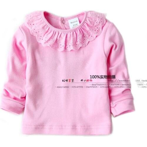 New 2014 Spring autumn kids clothes girl t shirt child Hollow out lace collar princess shirts baby long sleeve pullover top