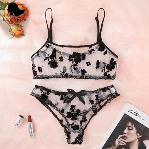 LEECHEE 2021 New Sexy Lingerie Erotic Underwear Black Flocked Mesh Bra Set Hollow Perspective Sexy Underwear For Women