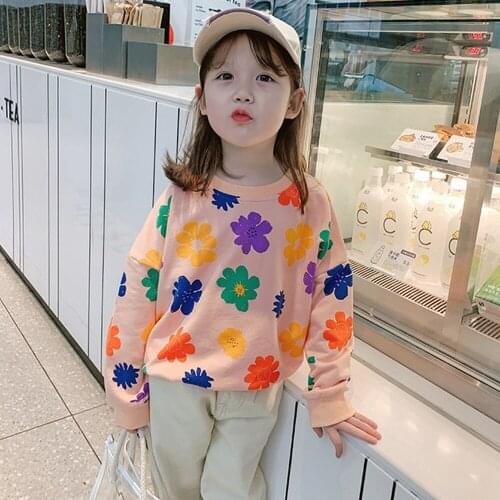 2021 Spring Autumn New Girls Printed Sweater Korean Version of Childrens Spring And Autumn Childrens Flower Fashionable Blouse