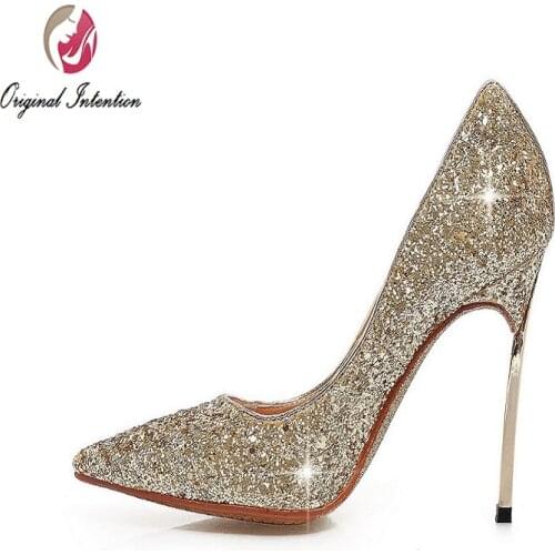 Original Intention Women Pumps Glitter Pointed Toe Thin Heels Pumps Black Blue Red Gold Silver Shoes Woman Plus Size 3.5-10.5
