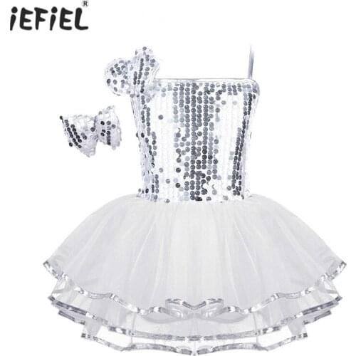 Kids Girls Ballet Dress Dance Wear Costume Outfit Sparkly Sequins Modern Jazz Dance Performing Clothes Mesh Dress with Hairclip