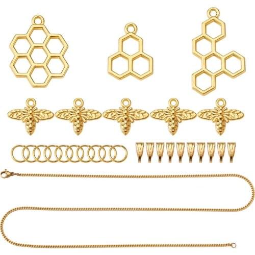 1Set Alloy DIY Bee Honeycomb Pendants For Necklace DIY Making With Stainless Steel Golden Color Curb Chain Accessories 21.65"