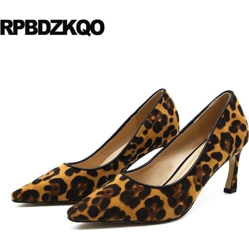 Size 4 34 Strange Leopard Shoes Women Special Print Suede Thin 3 Inch Novelty Pointed Toe Pumps Cheetah High Heels 2019 Brown