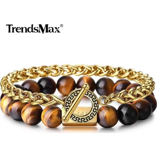 Trendsmax 2pcs/set Luxury Stack Bracelet for Men Women Yellow Tiger Eye Stretch Bracelet Gold Stainless Steel Wheat Chain DLBF55
