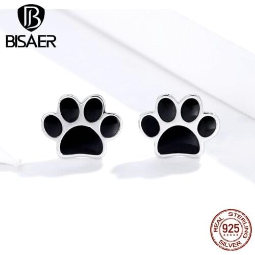 Footprints Earrings BISAER 925 Sterling Silver Black Enamel Small Exquisite Stud Earrings for Women Fashion Jewelry ECE757