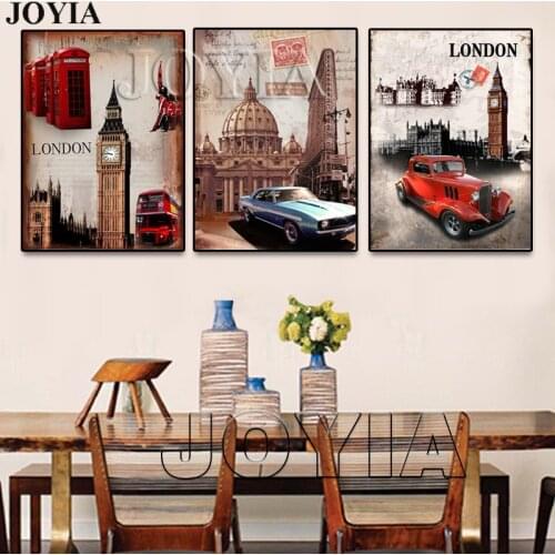 Triptych Painting Wall Art London Style Decorative Canvas Prints Landscape Street and Car Pictures Home Vintage Decor No Frame