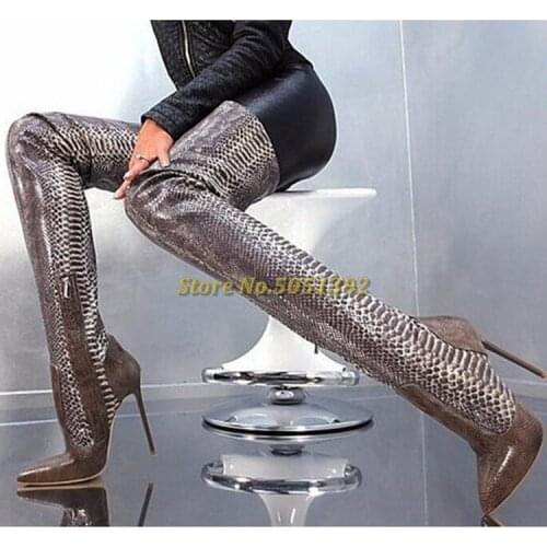 Python Thigh High Boots Snakeskin Sexy Pointed Toe Women Motorcycle Boots Autumn Shoes Woman Skinny Women Boots Zipper Thin Heel
