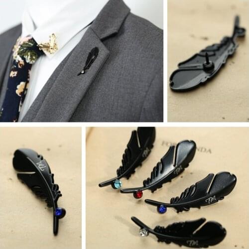 I-Remiel Retro Metal Feather Rhinestone Black Brooch Pin for Women and Men Buckle Lapel Pins Dress Suit Shirt Collar Accessories