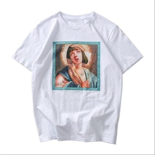 Funny Printed Short Sleeve T-shirts Virgin Mary Mens T-Shirts Summer Hip Hop Casual Cotton Tops Tees Men Streetwear