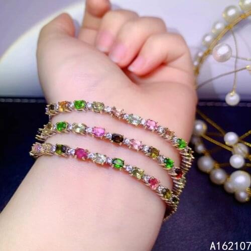 Fine Jewelry 925 Sterling Silver Inset With Natural Gemstone Womens Luxury Classic Color Tourmaline Hand Bracelet Support Test