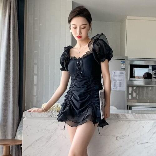 Women One Piece Swimsuit Swimwear Bikini 1 Swim Suit 2021 New Summer Korean Ins Skirt Showing Black Print Polyester Sierra