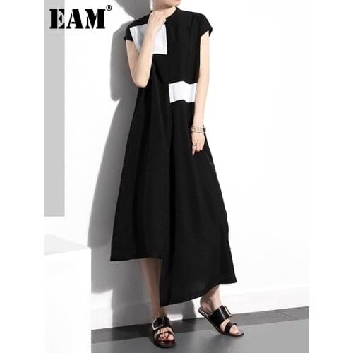 [EAM] Women Black Contrast Color Split Black Long Dress New Stand Collar Sleeveless Loose Fit Fashion Spring Summer 2021 1T360