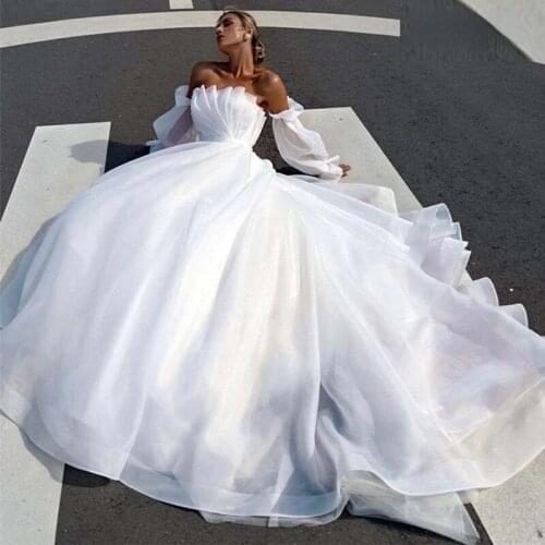 Boho Backless Wedding Dresses 2021 Puff Sleeves Strapless Beach Bride Dress Organza Princess Tulle Long Wedding Gowns Plus Size