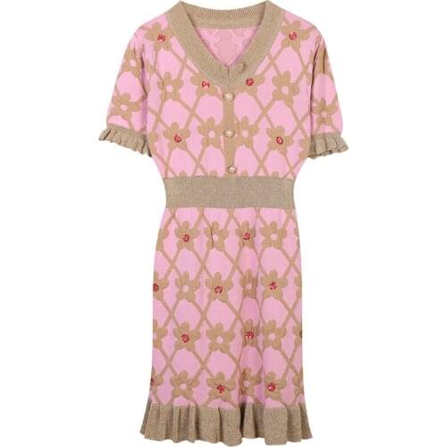 Summer V-Neck Knee Length Women Dress with Sequins Knitted A-line Short Sleeve Dresses Office Wear YOU392