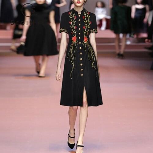 SEQINYY Vintage Dresses Summer Spring New Women Red Heart Flowers Embroidery Single Breasted Black Short Sleeve Elegant Runway