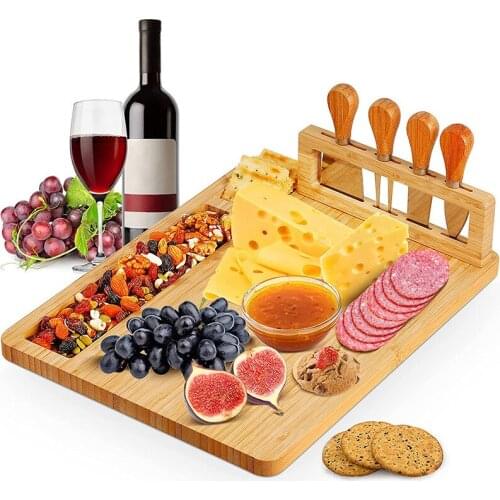 5pcs/Set Cheese Board Set Bamboo With Wood Handle Cutter Knife Slicer Kit Cooking Tools Bacon Charcuterie Platter Serving Tray