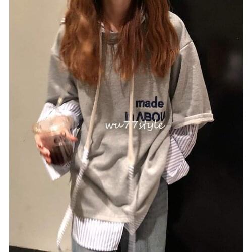 Deeptown Striped Sweatshirt Women Korean Style Spring 2021 Fashion Ladies Cotton Long Sleeve Top Streetwear Splice Hoody Casual