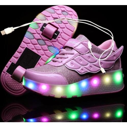Children One Two Wheels Luminous Glowing Sneakers Gold Pink Led Light Roller Skate Shoes Kids Led Shoes Boys Girls USB Charging