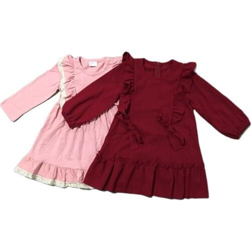Girlymax Fall/winter Wine Burgundy Dusty Pink Baby Girls Chlidren Clothes Solid Color Dress Ruffles Knee Length Kids Clothing