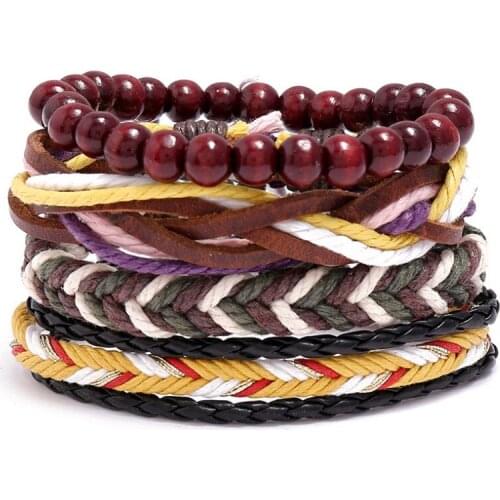 Ethnic Vintage Braided Leather Bracelet Set Wrap Bangle Adjustable Beads Charm Wristbands Handmade Retro Fashion Unisex Jewelry