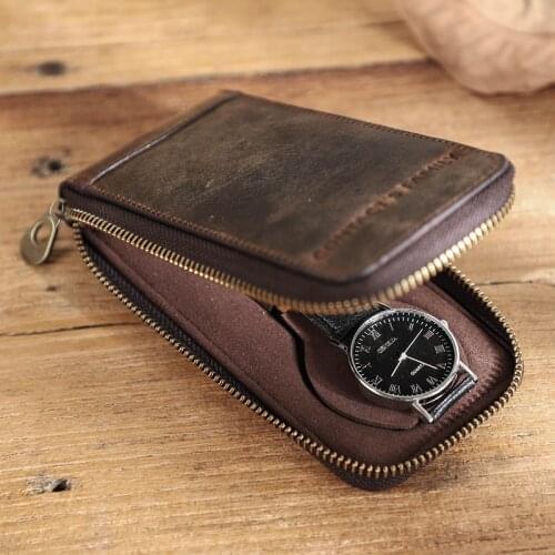 Soft Cow Leather Watch Box Luxury Pouch with Zipper Portable Organizer Bag Travel Watch Bag Protective Cover 1-Slot