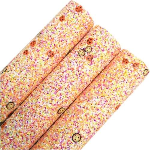 Halloween Pumpkins Printed Chunky Glitter Vinyl Fabric Sheet Felt Backing Synthetic Leather Faux Vinil DIY A4 SIZE 6S94A
