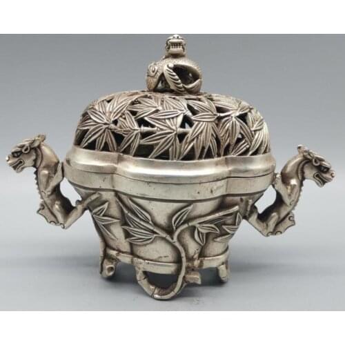 China White copper Hollow out bamboo Incense burner crafts statue