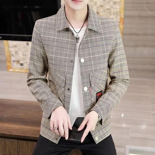Plaid Slim Jackets for Men Korean Fashion Handsome Versatile Jacket Turndown Collar Casual Coat Tops Street Wear Male Clothing