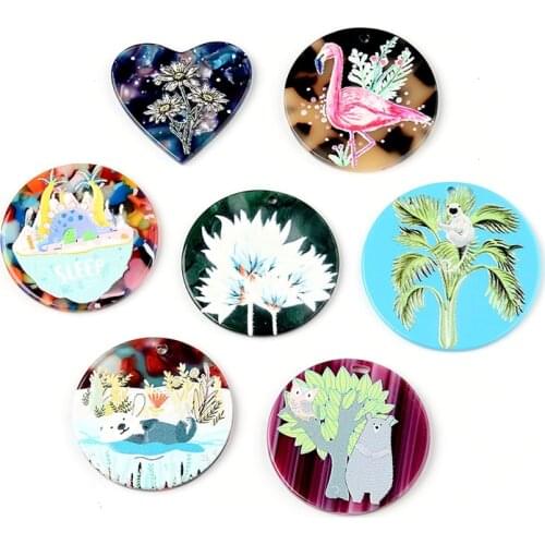50Pcs/lot Round Animal Flowers Acetate Sheet Hand Made Earrings Making Connectors DIY Pendant Jewelry Findings Components Charms