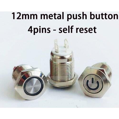 12mm metal push button waterproof nickel plated brass car press button self-reset flat switch with LED light Round type