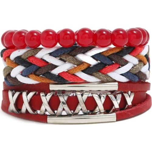 Fashion Women Bracelets Set Multilayer Braided Leather Alloy X Rivets Charm Beads Wristbands Bangle Handmade Rock Hippie Jewelry