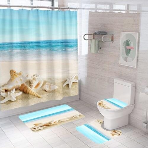 Sea Beach Shower Curtain Starfish Cozy Blue Fish With Non Slip Rug Mat Bathroom Curtains Waterproof Polyester Home Decor 180x180