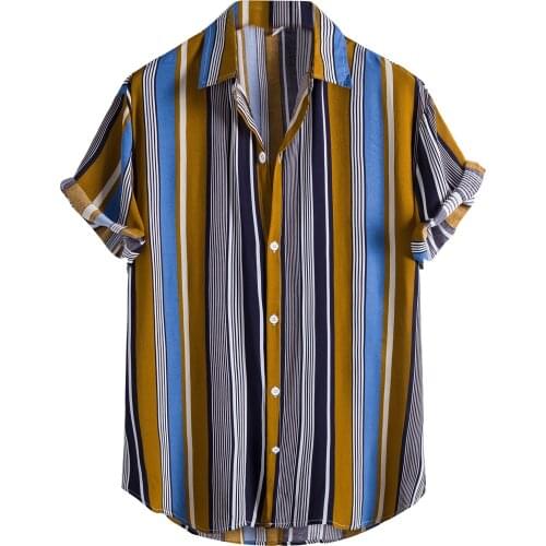 2021 Summer New Men Striped Shirt Fashion Short Sleeve Print Single-breasted Lapel Shirts Vintage Slim Fit Dress Shirt For Men
