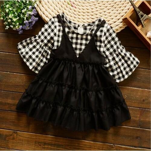 2018 new fashion fall black and white check tutu dress tiny people cotton jump dress and flare sleeve fake 2pcs clothes autumn