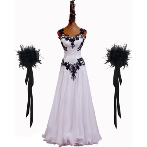 Ballroom dance dress standard dress competition costume performance dress custom adult white Dance Dress Black embroidery