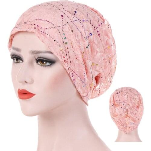 New Summer Autumn Muslim Chemo Beanie Hats Thin Lace Turban Inner Hijab Glitter Women Turbante Bonnet Wrap Head Underscarf Caps
