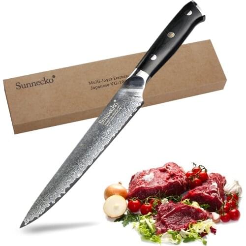 Sunnecko 8'' inch Slicing Kitchen Chef Knife Japanese Damascus VG10 Steel Razor Sharp Strong Blade Black Cutter Tools G10 Handle