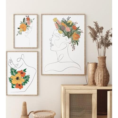 Face and Flowers Female Line Drawing Poster and Print Abstract Flower Woman Artwork Canvas Painting Wall Art Picture Home Decor