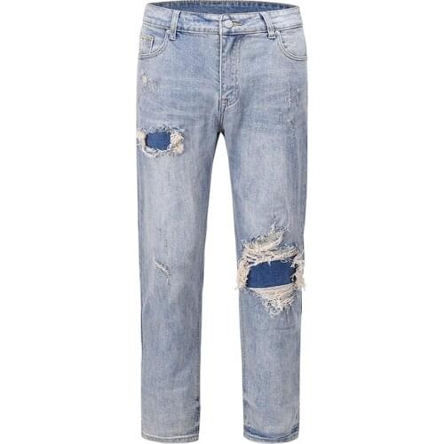 High Street Washed Hole Frayed Denim Trousers Mens Harajuku Retro Straight Loose Jeans Hip Hop Baggy Jean Pencil Pants