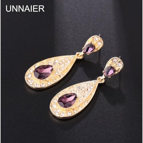 UNNAIER Retro palace personality purple Semi-precious stones Teardrop-shaped earring Female Rhinestone Ear jewelry