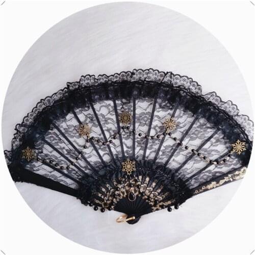 Gothic Vintage Black Lace Fan Handmade Lolita Bead Chain Gold Snowflakes Harajuku Model Studio Fashion Handheld Prop