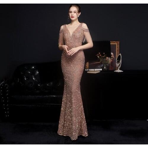 Partysix 2021 Women Sexy V Neck Spaghetti Straps Sequin Evening Dress Female Off Shoulder Elegant Party Dress