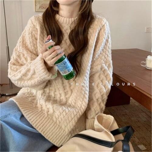 VintageTwisted Solid Argyle Thicken Sweater For Women Korean O-neck Long Sleeve Pullover Jumpers All-matching Oversized Knitwear