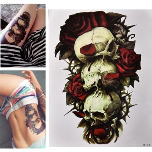 Waterproof Skull and Rose Temporary Tattoo Large Arm Body Art Tattoos Sticker