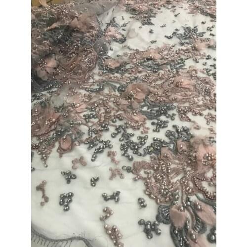 Embrodery nigerian lace fabrics with beads feather SYJ-288882 french mesh tulle african net lace fabrics for sewing dress