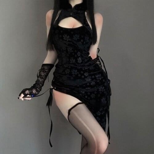 Jacquard Cheongsam Dress Cosplay Costume Erotic Anime Babydoll Dress Women Lace Outfit Fancy Slim Fit Open Chest Uniform