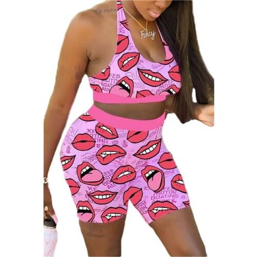 Women Summer 2PCS Tank Crop Top Camis and Shorts Yoga Sets Lip Print Bodycon Outfit Set Running Sport Jumpsuit Gym Clothes Sets