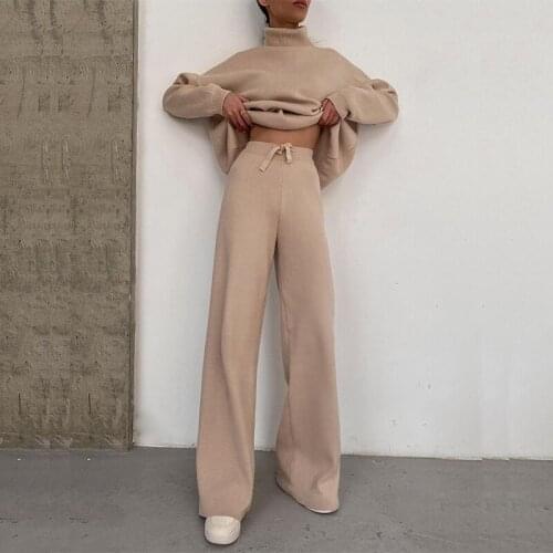 Women Fashion Casual Autumn Winter Two Piece Set Turtleneck Long Sleeved Pullover Top+Wide Leg Pants Suit Elegant Fleece Outfits