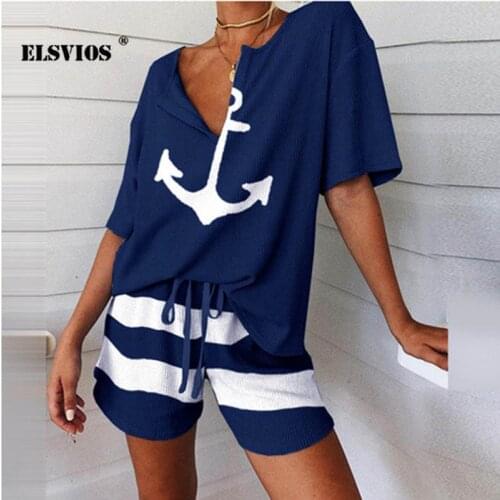2021 New Casual V Neck Anchor Print Short Sleeves Fashion Summer Suit Loose Slim Pullover Sportwear Wide leg pants Elegant Suits
