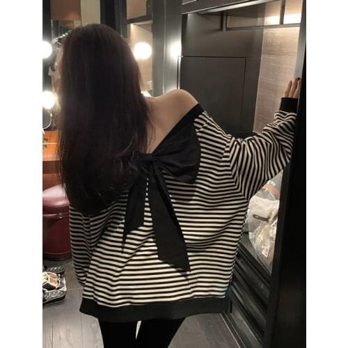 2021 Autumn Striped Knit Sweater Women Bow Casual Long Sleeve Loose Outdoor Elegant Pullover Korean Fashion Sexy Y2k Tops Lady